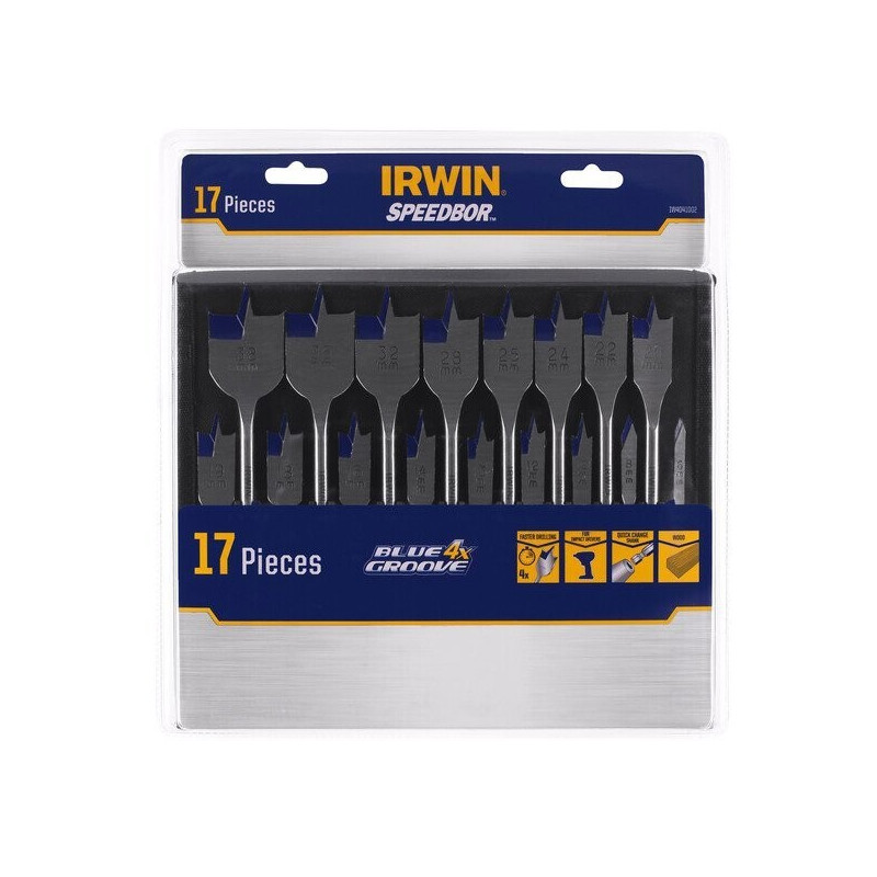 Zestaw 17 wierteł | Wiertła piórowe do drewna | 6-38 mm | IRWIN BLUE GROOVE 4X