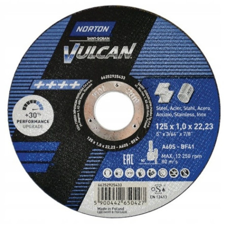 Tarcza do cięcia stali i metali 125x1x22 mm, NORTON Vulcan A60S 10 szt. + 1 GRATIS !!!
