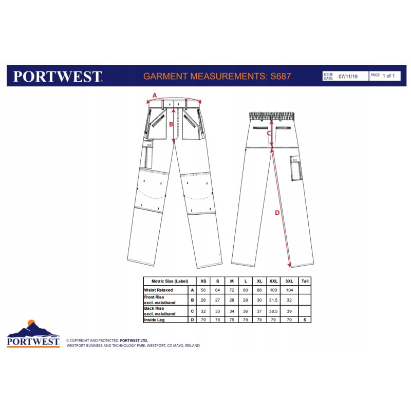 Elastyczne spodnie do pasa robocze PORTWEST KX3 Cargo T801