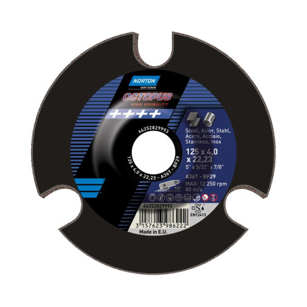 Tarcza do szlifowania metalu 115x4x22 mm, Norton A36T Octopus METAL INOX T29